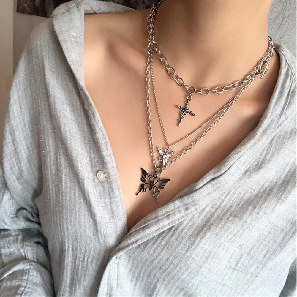 9 Pcs Gothic Necklace Set Zinc Silver Choker Pendant Vintage Dark Fashion